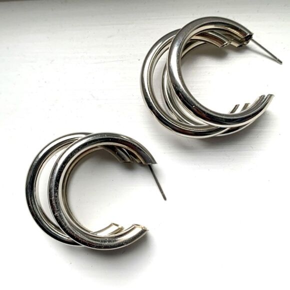 Men’s Hollow Triple Hoop Silver Tone Earrings Tri Hoop Earrings - Picture 4 of 8